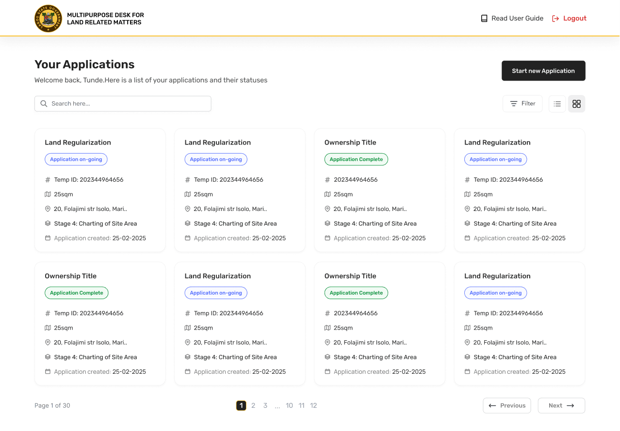 Placeholder applicant portal preview for Lagos land regularisation